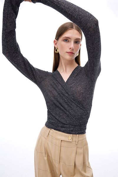 Perspective Bonnie V-Neck Slim Fit Anthracite Women's Cardigan - Short Length Fitted Sleeve