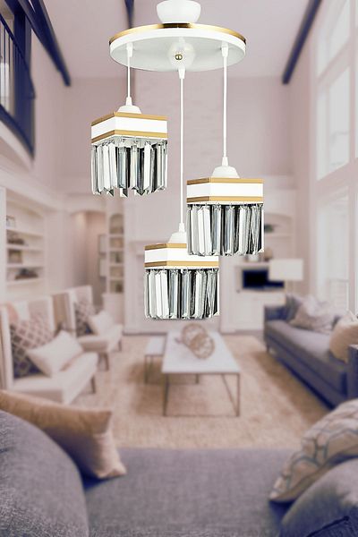SONSUZ AYDINLATMA&AVİZE Infinite 3-Piece White Pendant Lamp with Crystal Stones and Yellow Stripe Square Downward Facing Luxury Chandelier