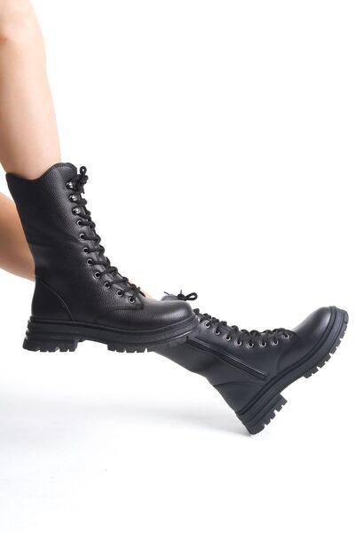 MARSEDO Women's Black Thick Heeled Boots - Lace-Up and Zippered Bern