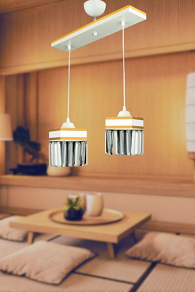 SONSUZ AYDINLATMA&AVİZE Endless 2-Piece White Pendant Lamp Row Crystal Stone Yellow Stripe Square Downward Facing Luxury Chandelier