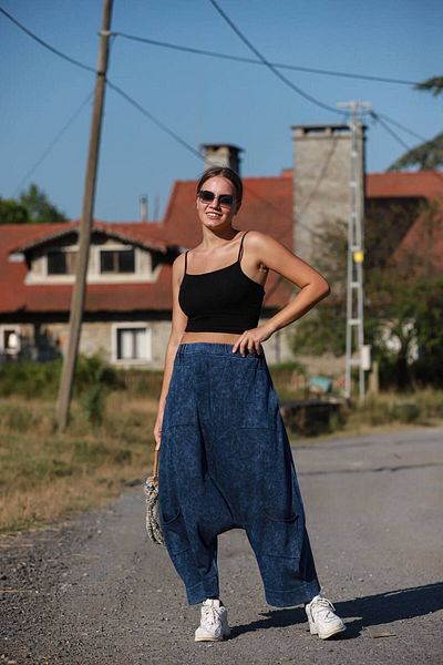 AYASOFYA OTANTIK Navy Blue Loose Cotton Knitwear Women's Trousers - Bag Pocket Detail and Vintage Wide Leg