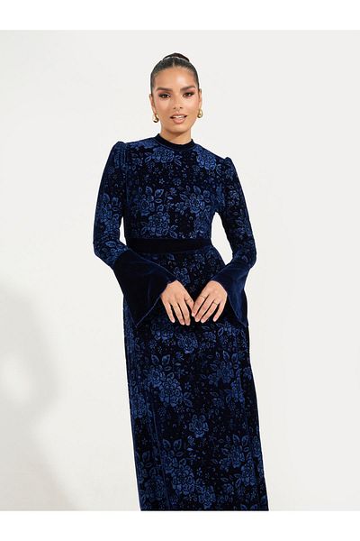 Styli Jacquard Velvet Maxi Dress with Bell Sleeve