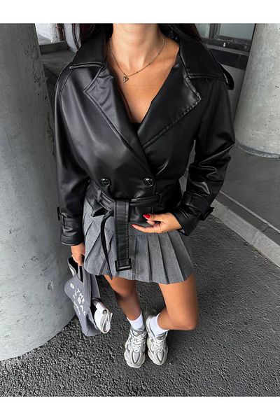 Lin Collection Short Leather Trench Coat - Belt Detail and Lining, Black 3451-2386