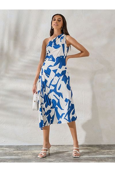 Styli Abstract Print One Shoulder Neck Gathered Midi Dress