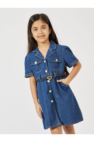 Styli Solid Button Front Puff Sleeve Denim Dress with Belt