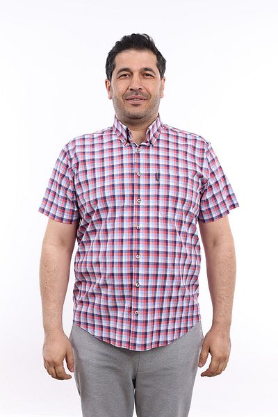 TOUSUS Ανδρικό πουκάμισο μεγάλου μεγέθους Navy Blue-Brick καρό Lycra με κουμπιά πέτο με κοντό μανίκι KK-8026-TSS