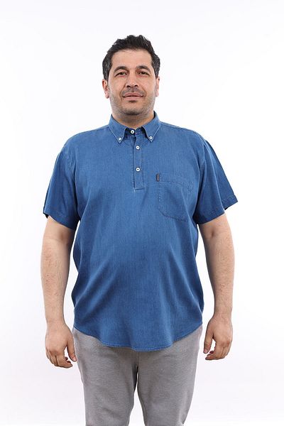 TOUSUS Cămașă cu mânecă scurtă pentru bărbați, cu jumătate de plăcuță, blugi albaștri, bumbac, cu buzunar cu rever, KK-8032-TSS