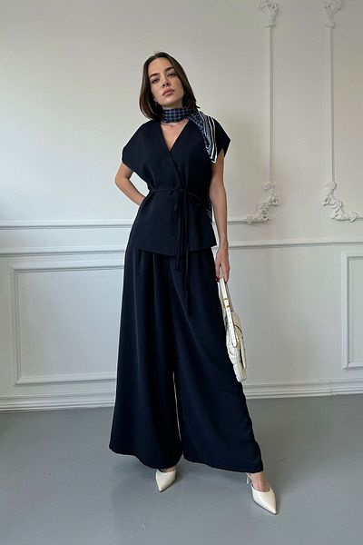 MAGARDE Navy Blue Vest Palazzo Set