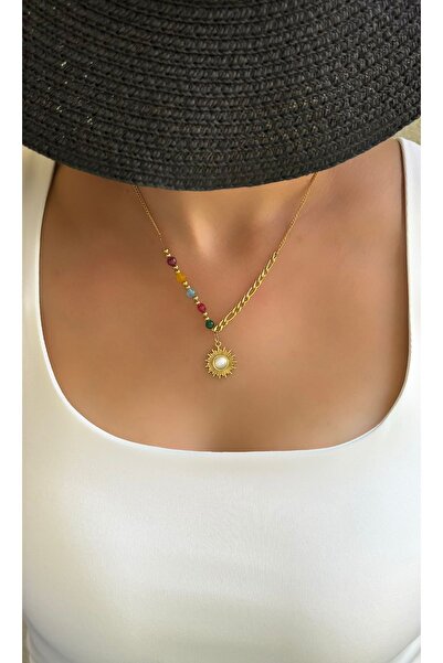 Çelik Renkli Boncuklu Kararmaz Çelik Güneş Kolye