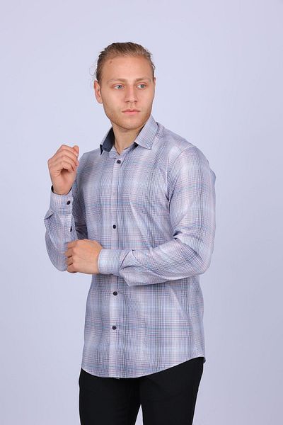 TOUSUS Ανδρικό πουκάμισο Slim Fit καρό Lycra Grey Slm-5032-tss