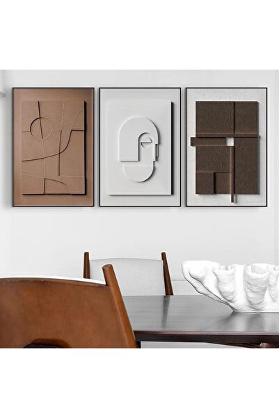 Linacci 3lü Siyah Metal Çerçeveli Geometrik Kahve Beyaz Camlı Tablo Seti