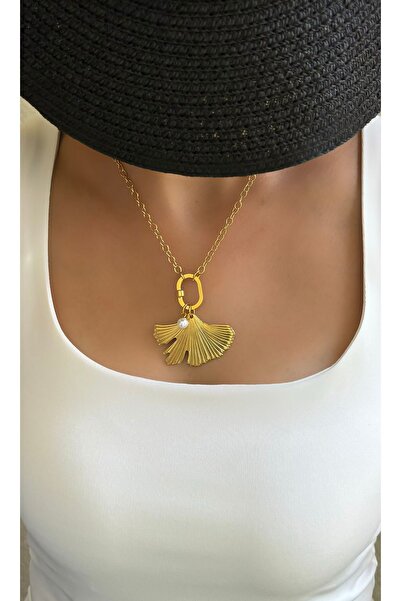 Çelik İnci Detay Yaprak Tasarım Kararmaz Çelik Kolye