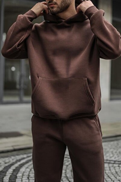 ruNadeS Мъжки кафяв спортен комплект анцуг - 3 нишки, полар oversize, еластичен крачол