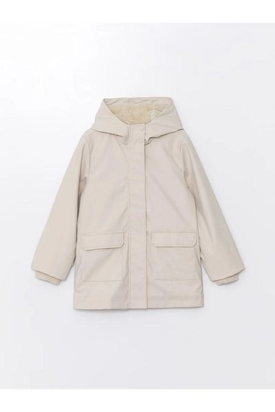 LC Waikiki Lcw Kids - Light Gray Hooded Leather Girl's Coat