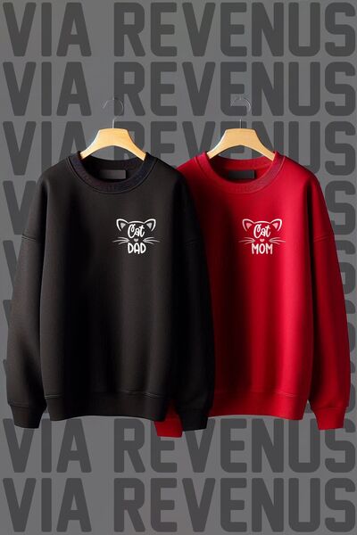 Vordevia Принт с котка, татко, котка, мама - суичър с широк модел от 3 прежди