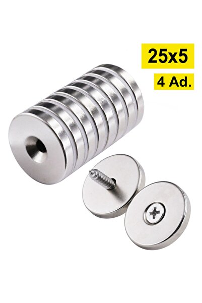 Dünya Magnet 4 Adet - Yuvarlak Neodyum Mıknatıs, 25x5 Mm, Havşa Delikli, Güçl...