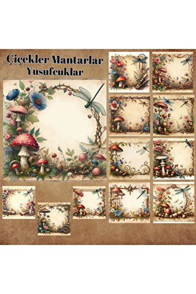 Pink Swan Craft Vintage cveće, pečurke i vilin konjici - 12 komada naljepnica...