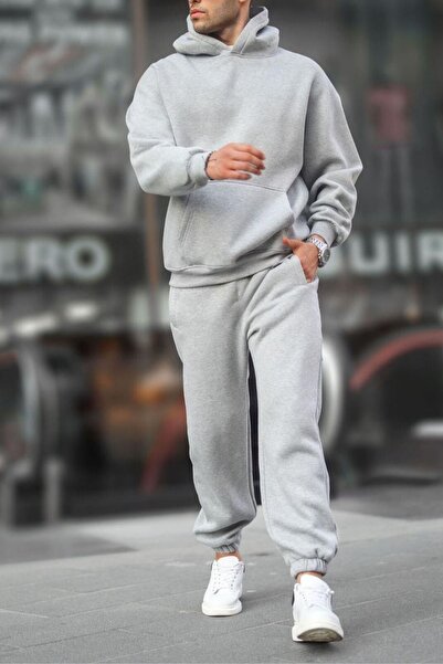 ruNadeS Ανδρικό σετ φούτερ με κουκούλα με φαρδιά εφαρμογή με μαλακή υφή με ελαστικά πόδια - Ρούχα για το σπίτι