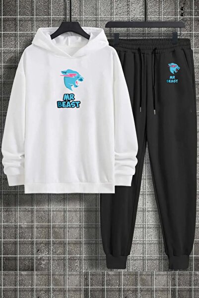 LUNAVISTA Mrbeast Oversize Hooded White Sweatshirt and Black Tracksuit Set - ...