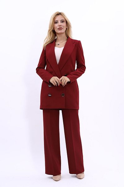 ÖNDER ÖZSOY Claret Red Long Blazer Jacket and Wide Leg Trousers Set