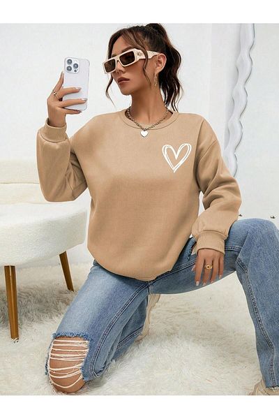 MODARİCH Hanorac gros de iarnă cu logo-ul inimii - Bej oversize cu gât crew
