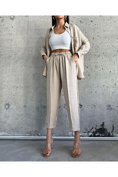 ZoeFlower Damen-Set aus Hemd und Hose aus Leinen – Kordelzug-Design