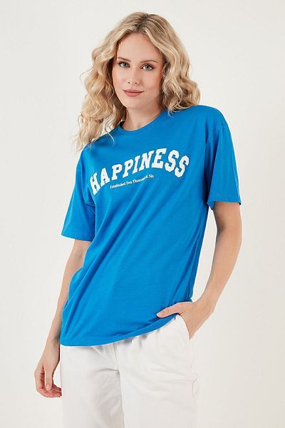 Lela Tricou Imprimat Bumbac Oversize Decolteu Crew Tricou 541HAPPINESS