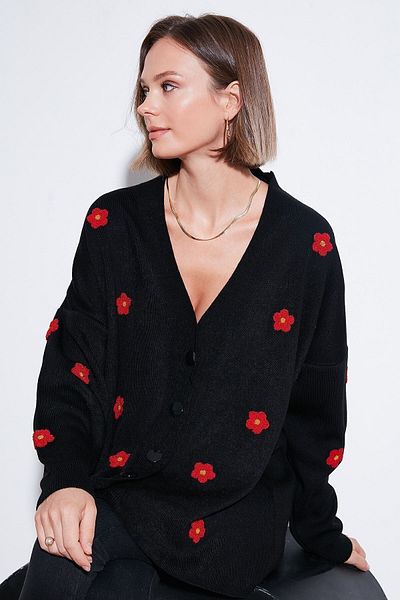 Lela Soft Acrylic V-neck Floral Cardigan - Oversize Fit Cardigan 4616192