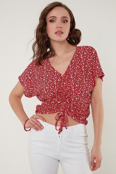 Lela Floral Patterned Gathered Front V-Neck Crop Blouse Blouse 5864486y4