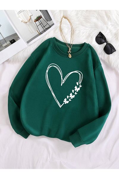 MODARİCH Φούτερ Nefti Green Oversize - Μοτίβο καρδιάς πεταλούδων, ριχτάρι με λαιμόκοψη