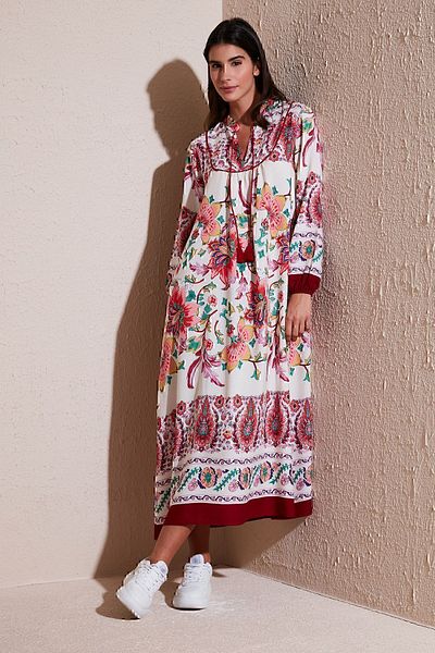 Lela Modest Patterned Regular Fit Tied V-Neck Maxi Dress 611el510