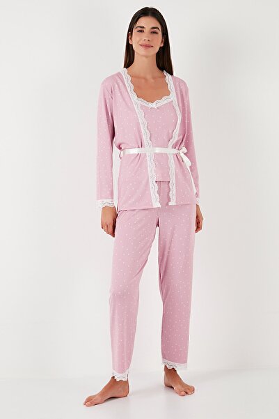 Lela Dantelli Regular Fit Sabahlıklı İp Askılı Pijama Takımı  PİJAMA TAKIMI 65780118