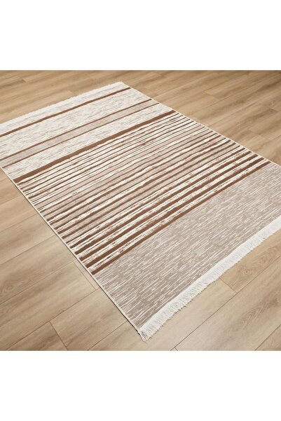 Halıcızade Kehribar Serisi Makine Dokuma Çizgi Desenli Krem Kilim