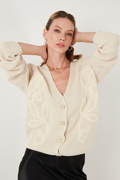 Lela V-Neck Patterned Standard Fit Knitted Cardigan - Cardigan 4616194