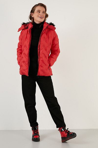 Lela Removable Hooded Stand-up Collar Coat with Faux Fur Collar 5760089