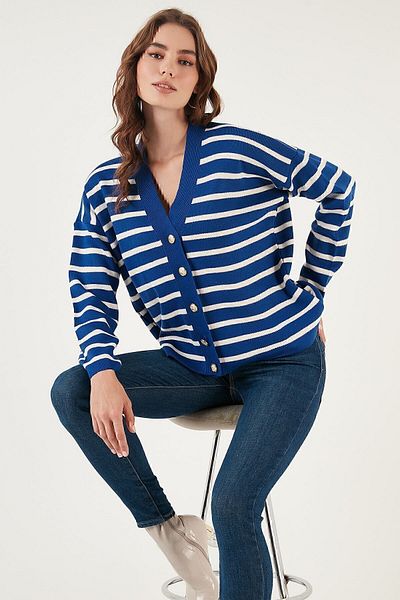 Lela Cardigan tricotat cu nasturi, cu decolteu în V, cu dungi CARDIGAN 4615182