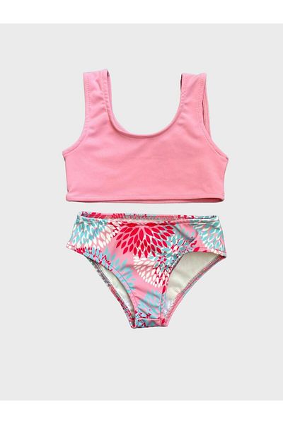 ALİŞ KİDS Pink Blue Leaf Patterned - Girl's 3-Piece Bikini Set with Pareo