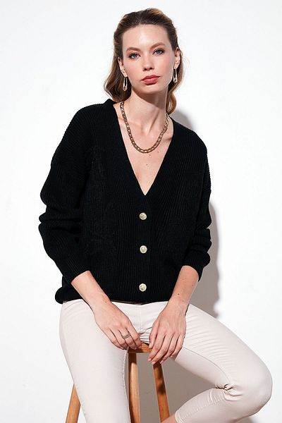 Lela V-Neck Patterned Standard Fit Knitted Cardigan - Cardigan 4616194