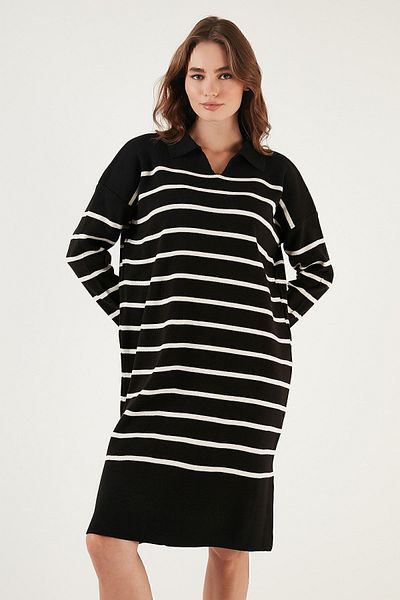 Lela Ριγέ φόρεμα μίντι με σχισίματα γιακάς Polo Tricot ELBİSE 4615172