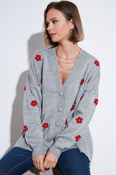 Lela Soft Acrylic V-neck Floral Cardigan - Oversize Fit Cardigan 4616192