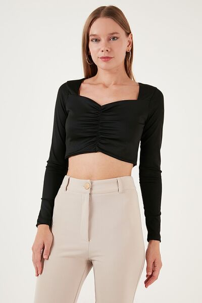 Lela Slim Fit Heart Collar Front Gathered Crop Blouse BLOUSE 5865401