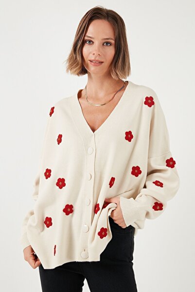 Lela Soft Acrylic V-neck Floral Cardigan - Oversize Fit Cardigan 4616192