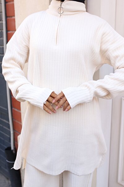 benguen 3062 Model Ecru Corded Knitwear Set - Zipper Detailed