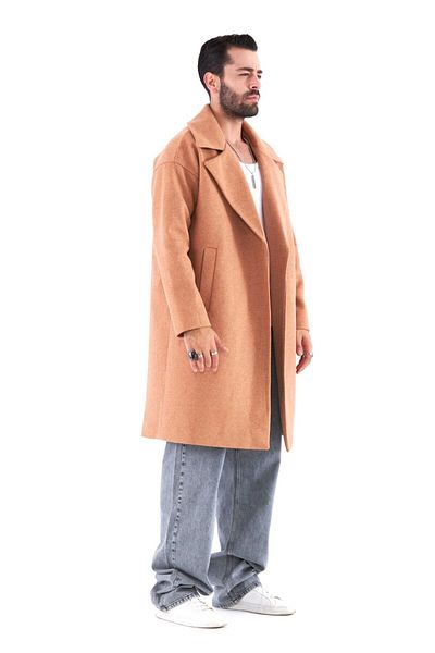 THIMOON Brown Wool Blended Oversize Long Non-Closing Coat Overcoat
