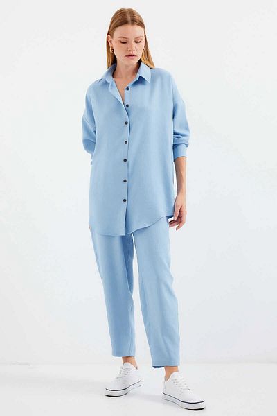 hazelin Ice Blue Linen Women's Shirt and Trousers Set - Hzl23W-Bd 166221