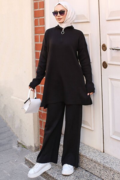 benguen Corded Knitwear Set 3062 - Black, Zipper Detailed