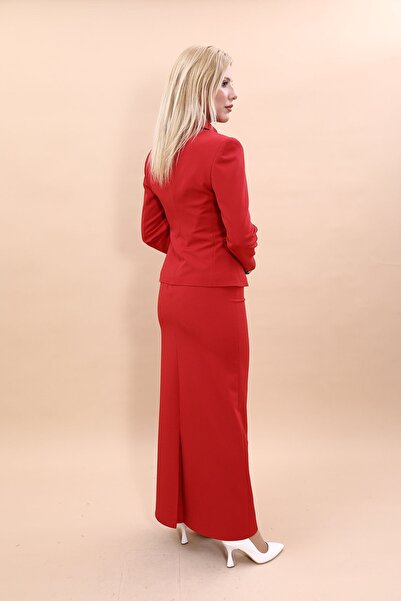 ÖNDER ÖZSOY Peplum Ceket & Uzun Kalem Etek Takım-Kırmızı