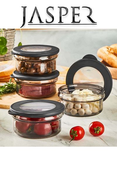 JASPER JPR-0105 مجموعة تخزين حاوية تخزين زجاجية متعددة الأغراض 415 مل 4 قطع مع غطاء أنثراسايت