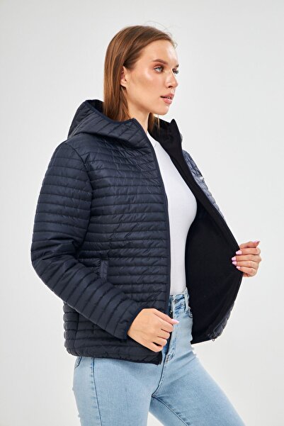 D1fference Темно-синє вітрозахисне жіноче пальто з капюшоном і кишенями