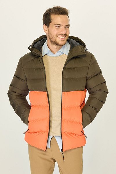 D1fference Khaki-orange Men's Puffer Jacket - Hooded, Water and Windproof